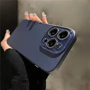 Crystal Glass Lens Protection Textured Leather Case for iPhone 15 Pro Max 14 13 12 Hard PC Cover,Navy Blue,for iPhone 12