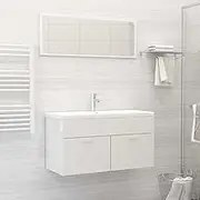 Elegant High Gloss White Bathroom Furniture Set with Vanity and Built-in Basin - Modern Floating Sink Cabinet & Mirror Combo, Engineered Wood Finish - 36 Inch Vanities Wall Mount Bathroom Accessories