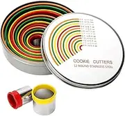 Round Cookie Biscuit Cutter Set - 12 Pack Pastry Cutters in Graduated Sizes for Donut, Dough, Fondant, Clay - Stainless Steel Circle Cutter Cake Ring Molds with Colorful Rubber Coating