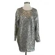 AQUA Women's Cocktail Dress Size 14 Silver Sequined Long Sleeve Mini Shift