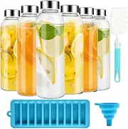 500ml Glass Water Bottle Set of 6, Reusable Glass Juice Containers with Ice Cube Mold Funnel for Home, Office, Gym & Outdoors, Beverage Storage Containers for Refrigerator-BPA Free, 100% Leak Proof