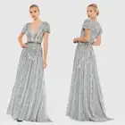 Mac Duggal 70108 Stripe Sequin V-Neck Maxi Gown Size 18 NWT Slate Blue