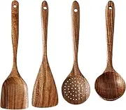 Teak Wooden Utensil Set, Natural Teak Wooden Spoons for Cooking, Wooden Non-Stick Kitchen Pan Toolset 4 Pieces Set, Kitchen Utensils Spatula, Wooden Cooking Utensils Spoons