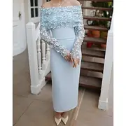 Blue Sheath / Column Cocktail Dresses Detachable Cape Stretch Crepe Elegant Dress Formal Wedding Tea Length Sleeveless Off Shoulder with Floral Beading Lace