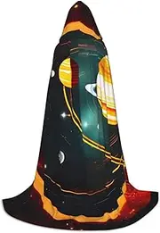 Solar System Jupiter Saturn Print Unisex Hooded Cloak For Carnival Theme Party Decorations Witch Costume Cosplay, Black, Large