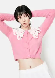 [Glamorous] Fuzzy Pink Cardigan With Peter Pan Collar