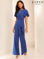 Lipsy Blue Flutter Sleeve Tie Side Wide Leg Jumpsuit (E83601) | $78