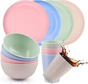 12Pcs Wheat Straw Dinnerware Set, Lightweight and Unbreakable Dinnerware Cups Plates and Bowls Set, Reusable Camping Dinnerware Set for Kids Adults, Microwave and Dishwasher Safe (Style2)