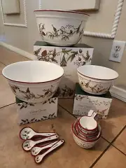 NEW Pottery Barn Forest Gnome Stoneware Measuring Cups Spoons Mixing Bowls SET