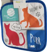 1 Printed Jumbo Pot Holder, 8"x8", RED & ORANGE CATS & FISH BONE, MEOW, PURR, TL