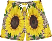 [RPLIFE] Boys Trunks, Big Boys Swim Trunks 2t, Bright Yellow Sunflowers Rustic Wooden