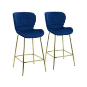 Capella Bar Stool (Set of 2) - Royal Blue Velvet Fabric Golden Legs