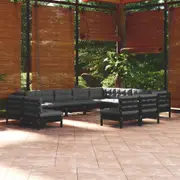 vidaXL 12 Piece Garden Lounge Set with Cushions Black Solid Pinewood