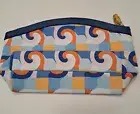 J Mclaughlin Medium Cosmetic Bag Blue Bamboo Zip Pull Leather Trim Makeup Pouch