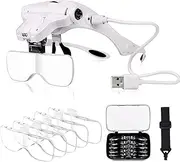 Rechargeable Headband Magnifier Glasses USB Charging Hands Free Head Mount Magnifying Glasses with LED Light for Jewelry Craft Watch Repair Hobby 5 Lenses