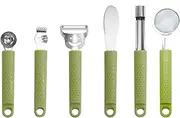 6 Pcs Fruit Tool Set - Stainless Steel Kitchen Handle Utensils with Storage Stand, Includes Melon Baller, Lemon Zester, Peeler, Butter Knife, Corer, Mini Strainer, for Fruit Vegetable Prep