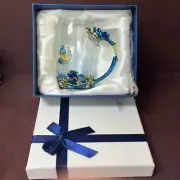 ARC of France Glass And Enameled Jeweled Mug And Matching Spoon Rose Butterfly