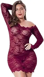 LINGERLOVE Sexy Spitze Negligee Grosse Grössen für Damen Babydoll Dessous Schulterloses Lingerie Nachtwäsche Spitzen-Kleid mit G-String S-4XL