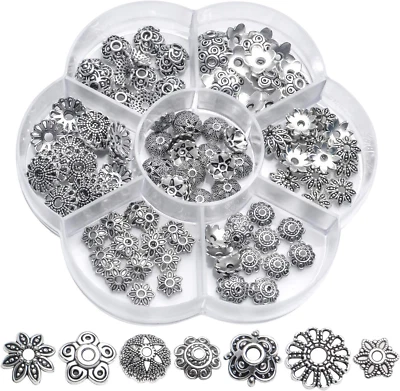 Silver Bead Caps,140Pcs Tibetan Bead Caps Vintage Flower Beads Ends Loose Spacer