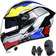 Bluetooth Modular Full Face Motorbike Helmet DOT/ECE Approved Flip up Helmet Built-in Dual Speaker with Anti-Fog Double Visor for Adults