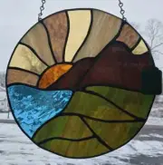 Handmade One of a Kind Stained Glass Mountain Water Lake Sunrise Sun Sunset