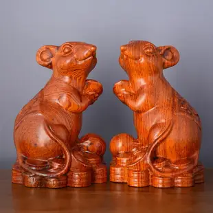 風水閣 木雕老鼠擺件十二生肖木質鼠雕刻家居客廳裝飾紅木工藝品