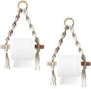 2 Pcs Hanging Toilet Paper Holder with Durable Material, Wooden Wall Mount Paper Towel Holder, Portable Woven Paper Towel Rack, Paper Holder for Kitchen Bathroom Home Office Decor ﻿