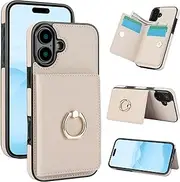 Boyobacase for iPhone 16 Plus Case Wallet with Card Holder,for iPhone 16 Plus Flip Case 360°Rotation Ring Holder Kickstand Protective Phone Cover with 4 Card Slots and Cash Pocket-Beige