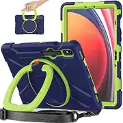 Galaxy Tab S9 Case 11 inch, Shockproof Protective Rugged Case with S Pen Holder/Rotating Bracket/Shoulder Strap (Navy+Green)