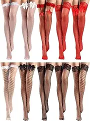 [Fourluoo] 10 Pairs Fishnet Thigh High Stocking Silicone Lace Top Sheer over Knee Stocking Silky Thigh High Socks for Women