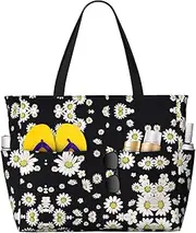 [Ghjkfbf] White Daisy Print Large Capacity Beach Travel Bag For Family, Beach Tote Bag For Women With Zipper Pockets, Black, One Size