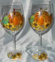 Set x2 Stem Thanksgiving Fall Sunflower Hand Painted Wine Glass Goblet Pumpkin
