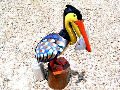 Metal Art Pelican Bird with fish, Hand painted and Distressed, Junk Iron Art, M