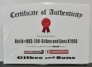 New 1:50 Kenworth K100G Gilbee & Sons Certificate & Plaque #093