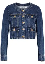 Self-portrait Embellished Cropped Denim Jacket - 14 (UK14 / L) 14 (UK14 / L)