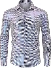 [TURETRENDY] Mens 70s Disco Shirts Party Costume Shiny Long Sleeve Button Down Shirt