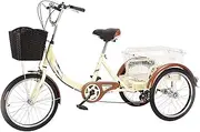 3 Wheels 20" 6 Speed Adult Tricycle, Adult Bicycle Pedal Bike with White Basket for Outdoor Sports Shopping with Light&Bell Cycling Pedalling