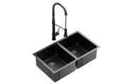 Cefito Stainless Steel Sink 77x45CM With Pull Out Mixer Tap Kitchen Double Bowl Black