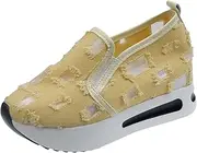 [Gikleihwy] Women's Round Toe Wedge Mesh Sneakers Fashion Lace Up Lightweight Breathable Slip On Platform Loafers Comfort Hidden High Heels Shoe for Travel Walking(Yellow,5.5 US)