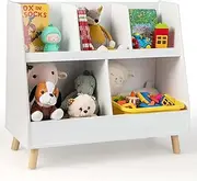 Costway Kids Bookshelf, 5-Cube Open Toy Storage Organizer with Solid Wood Support Legs, 2-Tier Bookcase Display Rack with Anti-tip Kit for Nursery, Playroom, Classroom, Bedroom, Natural