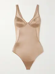 [Spanx] Spanx - Shaping Mesh-trimmed Stretch-satin Thong Bodysuit - Neutral - S S Neutrals