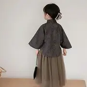 [JIMINISO] Retro Khaki Stand Collar Plate Buckle Long Sleeved Top Lace Skirt Chinese Traditional Tang Suit