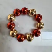 Vintage Shiny Chunky Beaded Elastic Bracelet Gold & Burnt Orange Round Bead 18mm