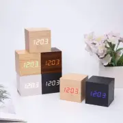 Wood Cube LED Alarm Control Digital Desk Clock Voice Control Room Temperature