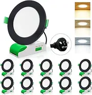 ALUSSO LIGHTING LED Downlight with Transformer 10W Ø 70-80mm Cutout 800LM Dimmable Recessed Ceiling Light 3000K 4000K 5700K Selectable 230V Spotlight IP44 for Bathroom Hallway, Black Flat, 10 Pack