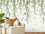 3D Removable Hanging Green Plants Vines Wall Decals DIY Peel and Stick Pink Flower Birds Wall Stickers Hanging Vine Home Decor Art for Kids Girls Teens Nursery Bedroom Living Room Wall Decoration