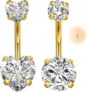 [QttvbTna] Belly Button Bars Piercing, 14G Stainless Steel Belly Navel Bars, 10mm Heart Balls Short Extra Long Navel Piercings Rings Jewelry for Women(Gold), One Size, Stainless Steel, Cubic Zirconia