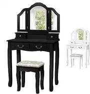 ALFORDSON Dressing Table and Stool Chair Set with 3-Panel Foldable Mirror, Makeup Vanity Desk with Caskets & Drawers, Dresser Organiser for Women Bedroom Dress Room, Black Colour