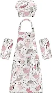 AIXIWAWA Kids Apron Chef Hat Set, Child Kitchen Bib Aprons Adjustable for Cooking Baking Painting (Cute Cats)