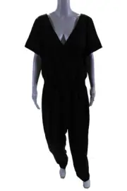 Elle Lauri Womens Short Sleeve V Neck Slim Leg Jumpsuit Black Size Large